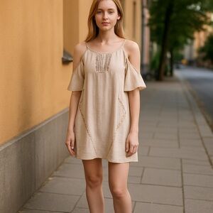 Papaya Cream Spaghetti Strap Dress Medium Boho Chic with crochet Details